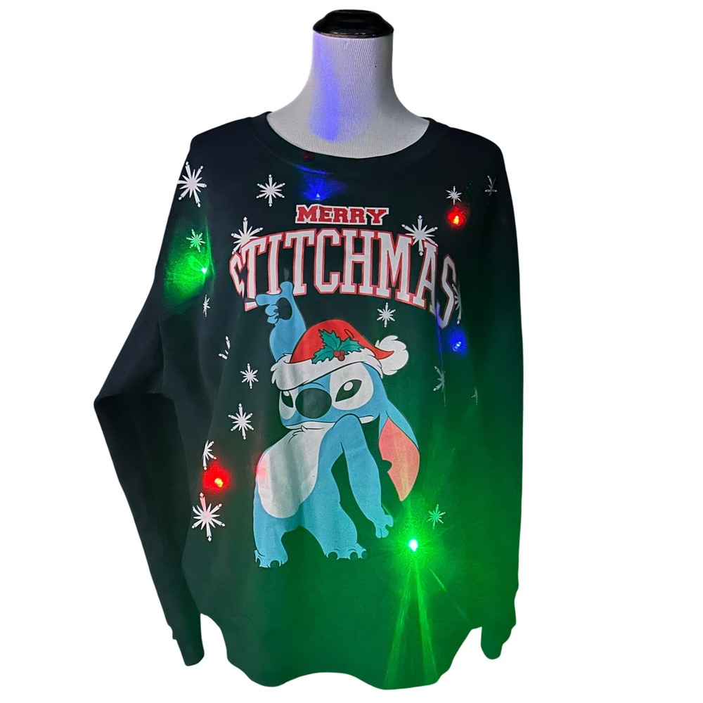 Disney Stitch Merry Stitchmas Women XL 16-18 Navy Blue Light Up Holiday Sweater